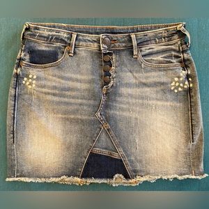 True Religion Mid Rise Button Fly Distressed Denim Mini Skirt